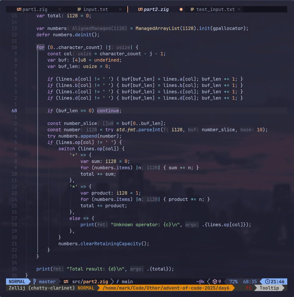 Day 6 "Trash Compactor" done and dusted. Today I spend way to much time fighting the #zig compiler. It is nice to play around with these low level languages, but it makes little sense to use it on these types of puzzles. 
Anways... Another one bites the dust.