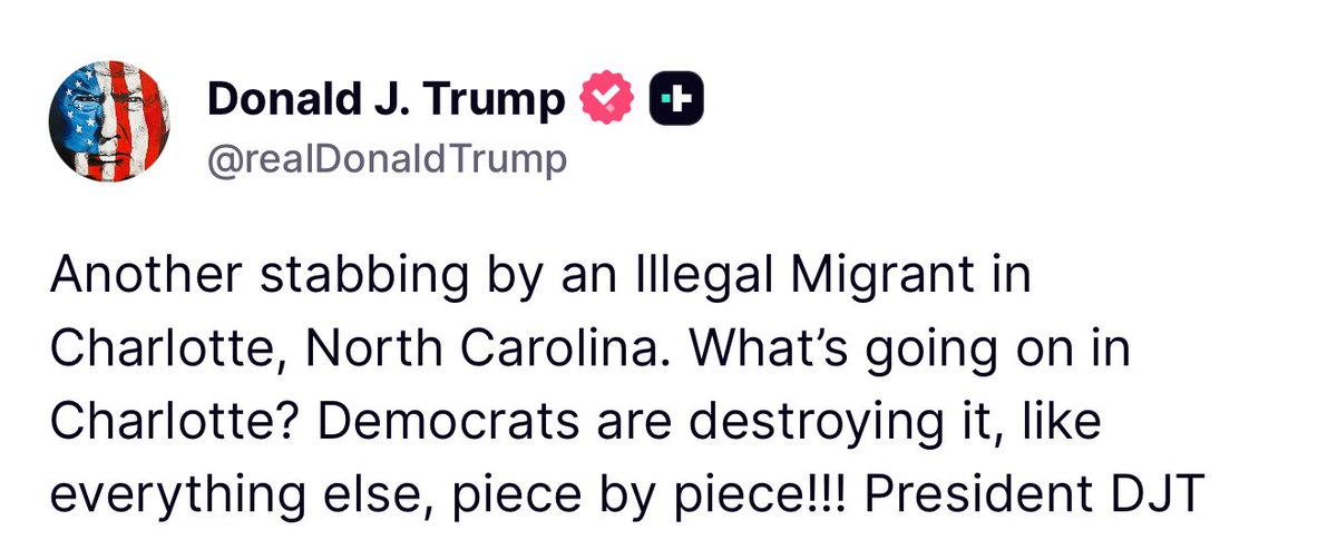 🚨 JUST IN — PRESIDENT TRUMP: “Another stabbing by an Illegal Migrant in Charlotte, North Carolina. What’s going on in Charlotte? Democrats are destroying it, like everything else, piece by piece!”

Clean up Charlotte! 

This has to stop.
