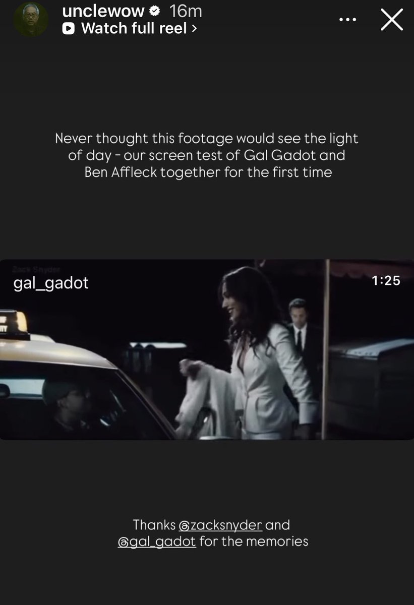 Now Larry Fong posts the first screen test on Instagram with Gal Gadot and Ben Affleck. 

“Never thought this footage would see the light of day” 

#RestoreTheSnyderVerse
