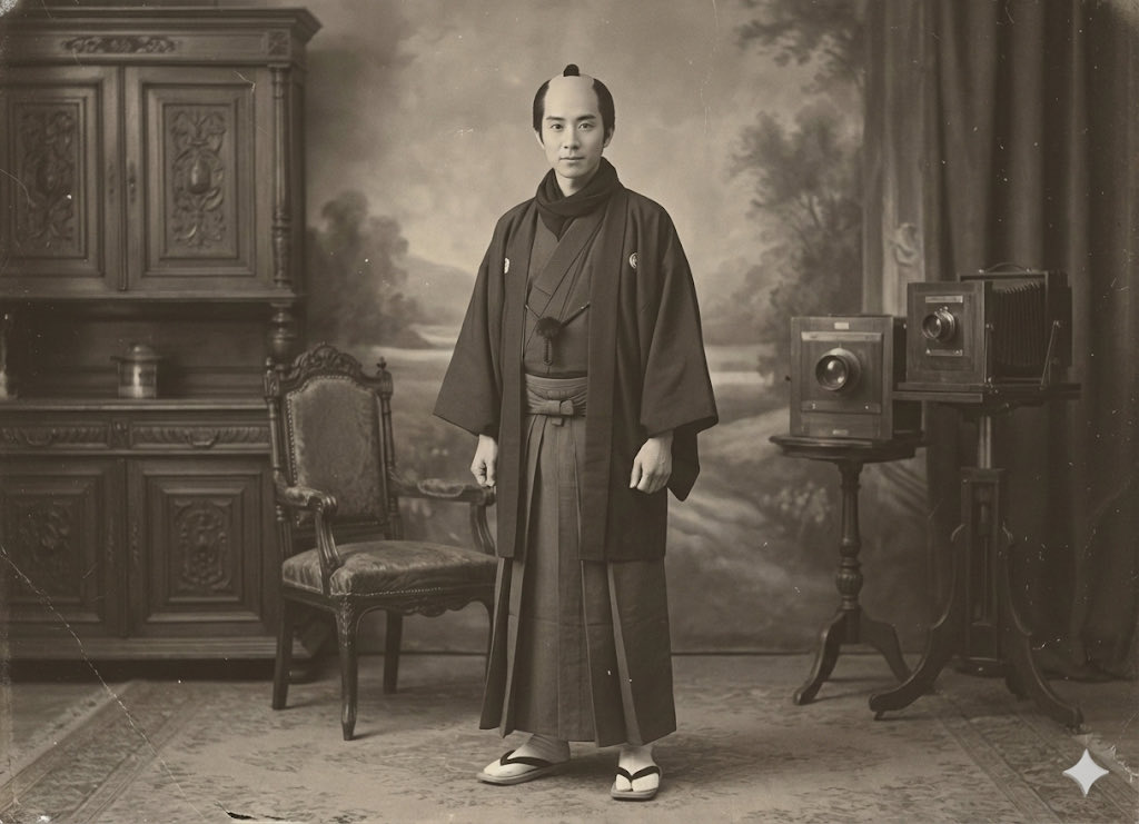 oki045's tweet image. AIで曽祖父の写真から合成。
沖田総司の甥っ子の写真から作ったので当たらずといえども遠からず？な感じ。