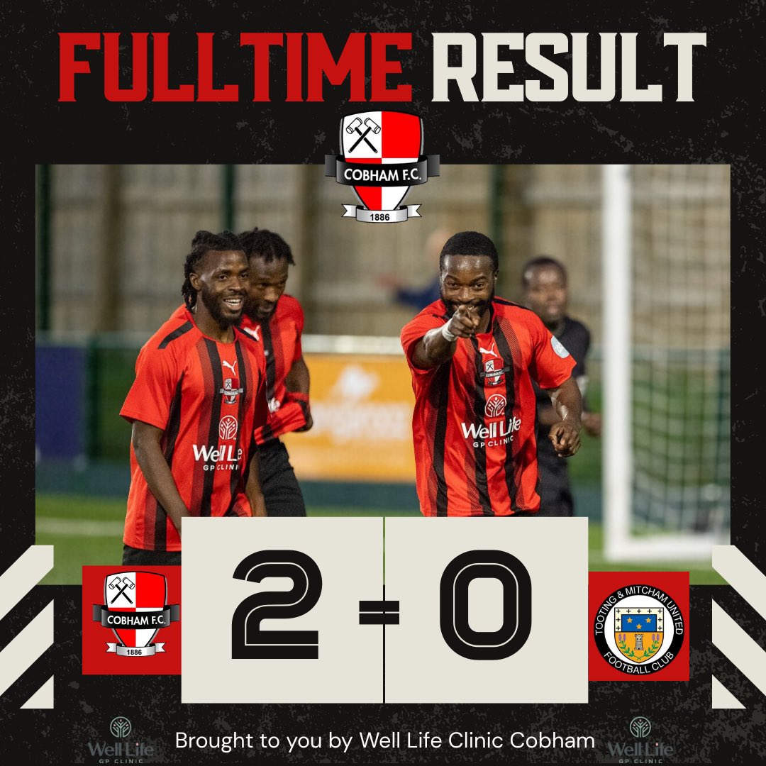 FULLTIME | A big 3 points! 

Cobham FC 2 - 0 <a href="/OfficialTmufc/">Tooting & Mitcham United FC</a> 

Goals Scored: Rule &amp; Hayford

#upthehammers