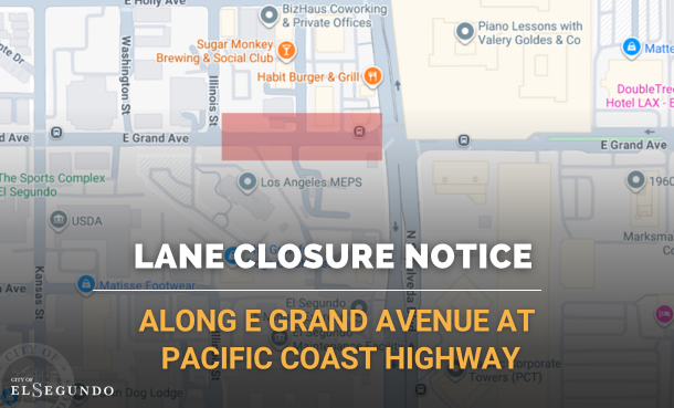 elsegundoalerts's tweet photo. Beginning Dec. 9, eastbound Grand Ave. lanes will close between Illinois St. and PCH from 9 a.m. to 3 p.m. There will be no left turns on PCH from eastbound Grand Ave. Work is anticipated to end Dec. 12. Please take a different route to PCH during the construction. https://t.co/hDcLaUKPPp