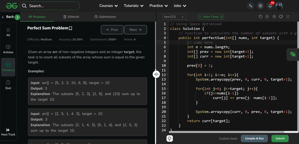 amanhaidry's tweet image. 🗓️Day-136/365 | #365DaysOfCode 💻| @geeksforgeeks

#DynamicProgramming in #DSA
✅Problem: Subset Sum
→ Approach: DP (Space Optimized)
✅Problem: Perfect Sum
→ Approach: DP (Space Optimized)

#nationskillup #365DaysOfDSA #geeksforgeeks #gfg #DataStructuresAndAlgorithms