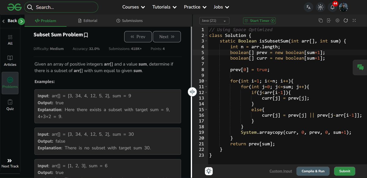 amanhaidry's tweet image. 🗓️Day-136/365 | #365DaysOfCode 💻| @geeksforgeeks

#DynamicProgramming in #DSA
✅Problem: Subset Sum
→ Approach: DP (Space Optimized)
✅Problem: Perfect Sum
→ Approach: DP (Space Optimized)

#nationskillup #365DaysOfDSA #geeksforgeeks #gfg #DataStructuresAndAlgorithms