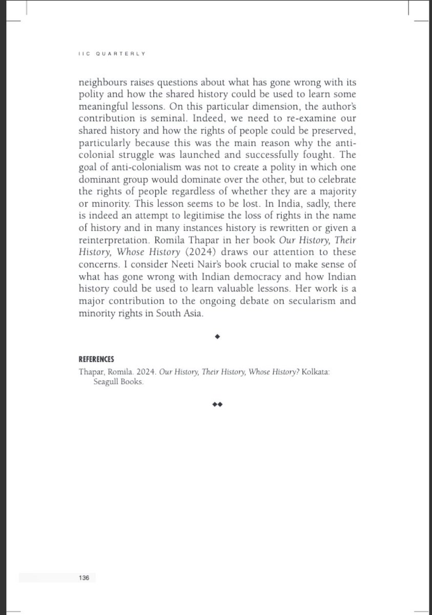 NeetiNair's tweet photo. Grateful to Prof Rehman at Jamia for his review in the IIC Quarterly. "crucial to make sense of what has gone wrong with Indian democracy &amp; how Indian history cd be used to learn valuable lessons... a major contribtn to the ongoing debate on secularism &amp; minority rights in S A." https://t.co/i0AxkWTa2R