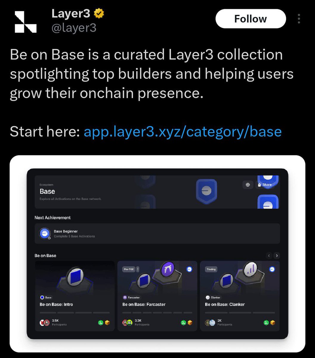 🚀 Layer3 Just Dropped New Base Quests!

“Be on <a href="/base/">Base</a>” is a special <a href="/layer3/">Layer3</a> lineup featuring top Base projects ~ perfect for anyone who wants to build their onchain footprint.

🎯 Complete missions, Grow your presence, earn rewards.

👉Start Here: app.layer3.xyz/category/base

✨ Stay