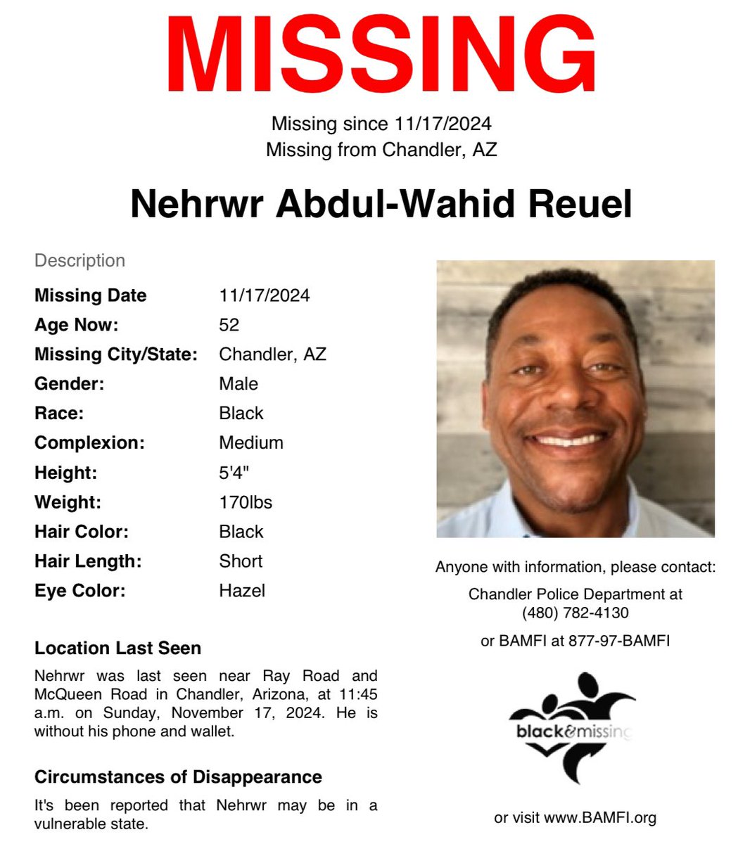#Chandler, #AZ: Now 52y/o #NehrwrReuel was last seen near Ray Rd &amp; McQueen Rd at 11:45 am on Nov 17, 2024, possibly wearing a Chicago Bears windbreaker. He was without his phone &amp; wallet. It's been reported that he may be in a vulnerable state.

His family is still searching for