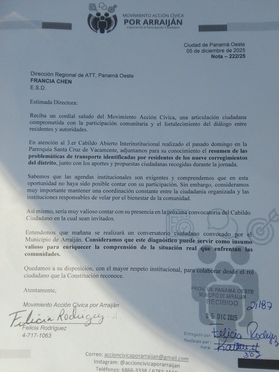 Entrega de nuestro aporte ciudadano a <a href="/ATTTPanama/">Autoridad del Tránsito</a> y <a href="/Stefanypenalba/">STEFANY DAYAN PEÑALBA</a>. Recopilación sobre las problemáticas sobre la movilidad en el Distrito de Arraiján durante nuestro 3Cabildo Abierto Ciudadano. Seguimos construyendo juntos🤝