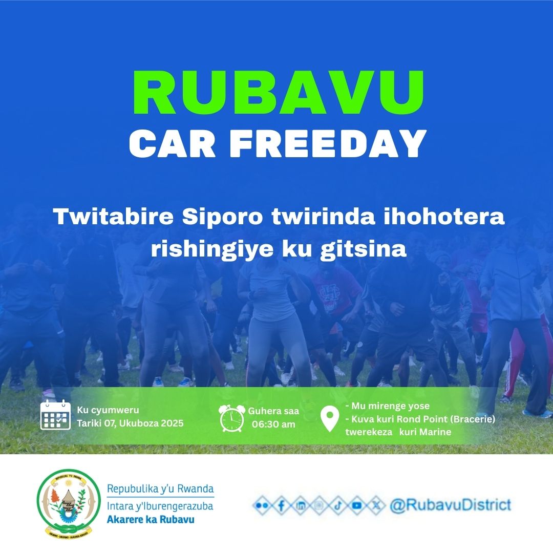 RubavuDistrict's tweet image. Mwiriwe?

Kuri iki cyumweru taliki 07 Ukuboza 2025 tubararikiye kuzitabira #SiporoRusange.

Tuzahagurukira kuri Rond point imbere (Bracerie) twerekeza kuri Marine. 
Muzaze dufatanye siporo turwanye indwara zitandura. 
#BeatNCDs

#IsukuHose
