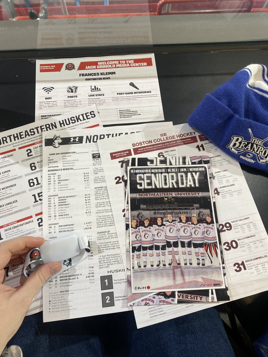 Today's the day. The last Northeastern women's hockey game in Matthews Arena. The arena is passing out light-up bracelets, posters and magnets to commemorate the end of the arena and senior night. Over 100 alumna will be here today, including all three Patty Kazmaier winners.
