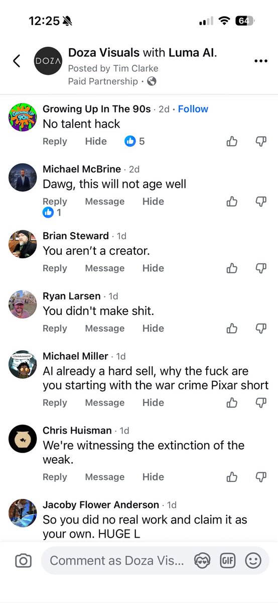 DozaVisuals's tweet image. People aren’t handling ai video well. Comments from my bts video on how I made a short called “The Lonely Drone”