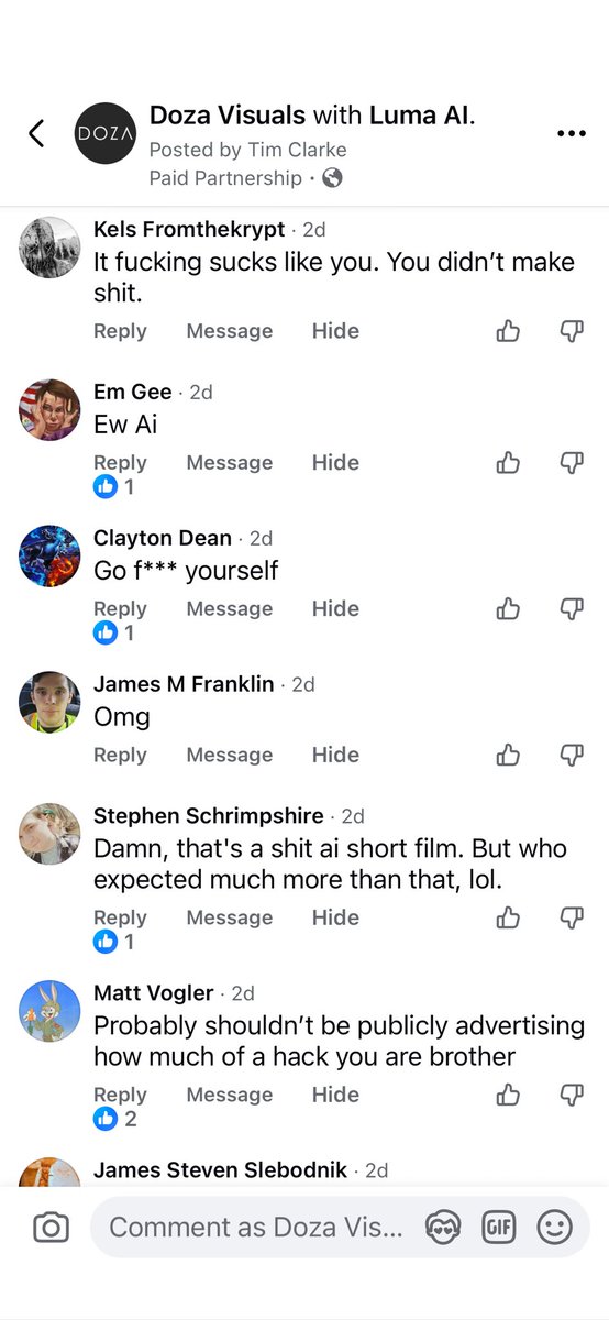 DozaVisuals's tweet image. People aren’t handling ai video well. Comments from my bts video on how I made a short called “The Lonely Drone”