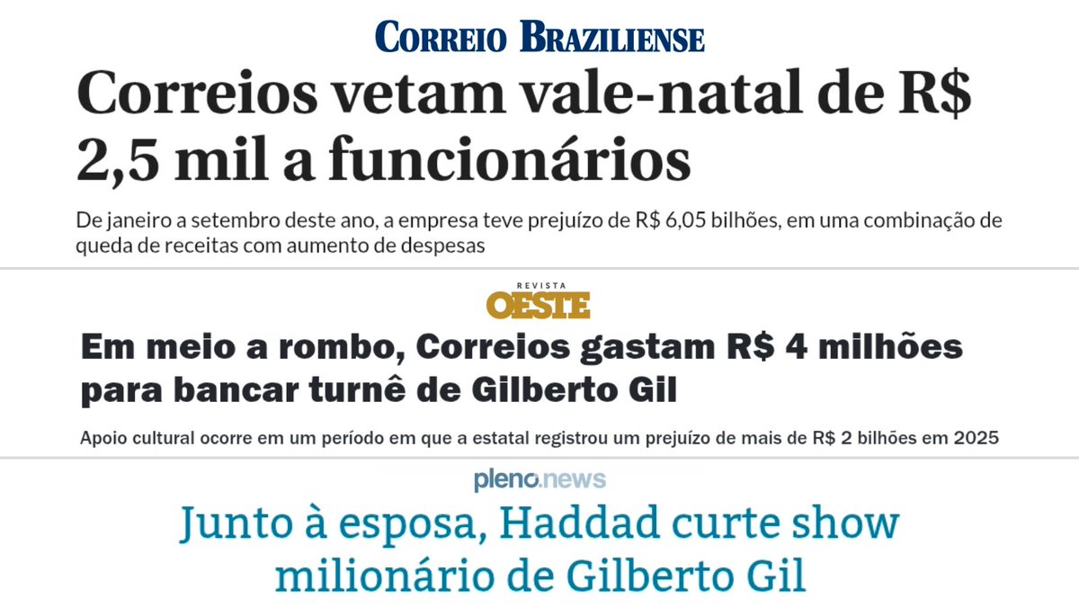 Os Correios dizem que não têm R$ 2,5 mil para dar de vale-Natal aos funcionários, mas tiveram R$ 4 milhões para bancar turnê de artista amigo do governo.

E ainda vemos ministro curtindo o show "milionário".

É o Brasil do Lula: rombo para o trabalhador, festão para os aliados.