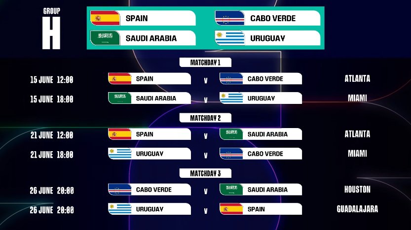 🚨OFICIAL los horarios y sedes de la <a href="/SEFutbol/">Selección Española Masculina de Fútbol</a> 🇪🇸 en el Mundial. 🏟️

Vs 🇨🇻 Cabo Verde a las 18:00 hora española
Vs 🇸🇦 Arabia Saudí a las 18:00
Vs 🇺🇾 Uruguay a las 3:00

Los 2 primeros en Atlanta 🇺🇸 (bien porque no hay desplazamientos), pero el último en 🇲🇽 y de madrugada en ESP😬