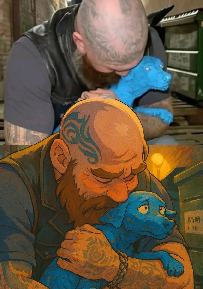 DiloConPerritos's tweet image. Pensó que era solo un juguete roto tirado junto a los contenedores, hasta que la “estatua azul” empezó a temblar. Jax, el Sargento de Armas de su club de motociclistas, no era alguien fácil de impresionar: 260 libras de músculo, tatuajes y una presencia que imponía. Mientras…