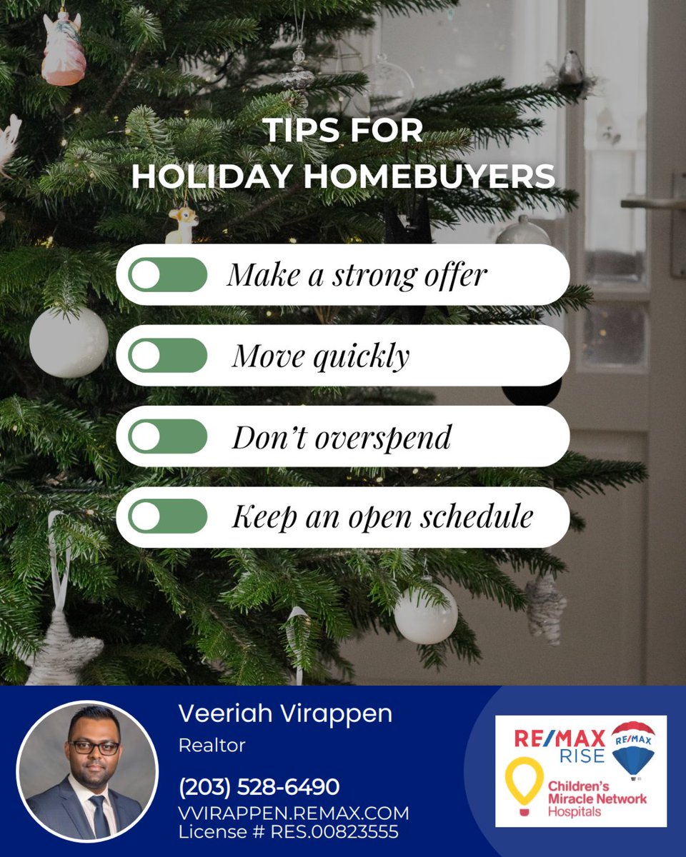 vvirappen's tweet photo. Home buying during the holidays? Stay stress-free with these tips: Make a strong offer, act quickly, watch your spending, and stay flexible for viewings. 

Happy house hunting! 🏠🎄 

#househunting #holidayhomebuyer #Remax #remaxrise #CTRealtor #RemaxHustle #VeeriahsellsCT https://t.co/xwzFKUtLp9