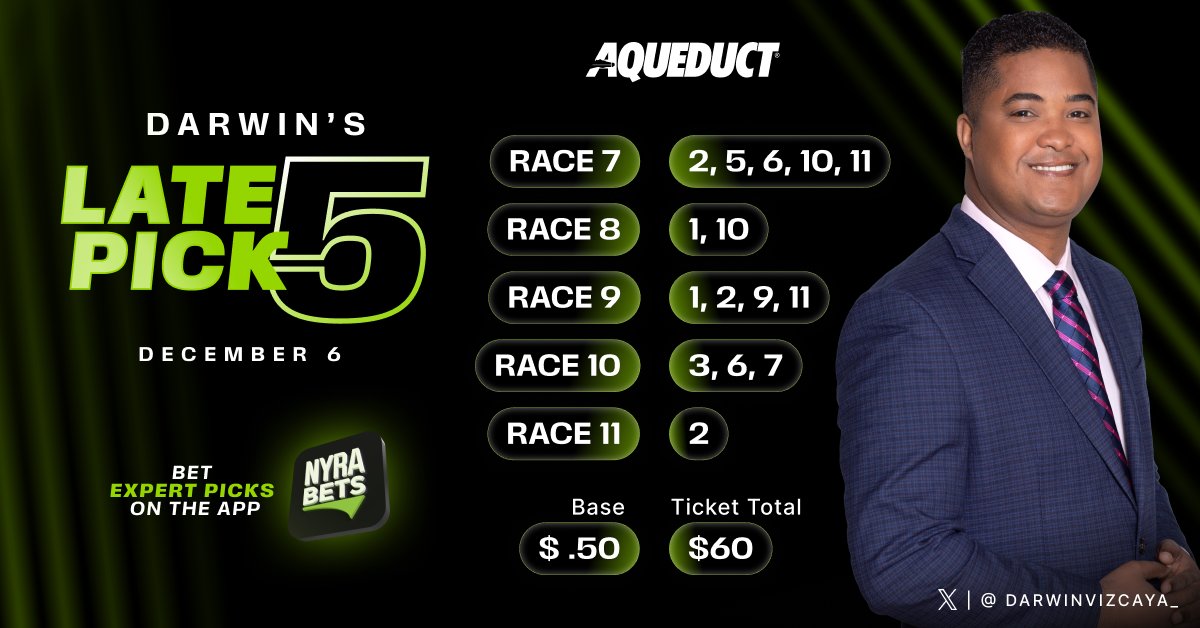 NYRABets's tweet photo. 💰 Bet the Late Pick 5 at #Aqueduct with @DarwinVizcaya_ today! 

🏇 Starts with R7 at 2:11 PM ET 

BET NOW 👉 https://t.co/Q8i3wEbHcg https://t.co/JE11G4333d