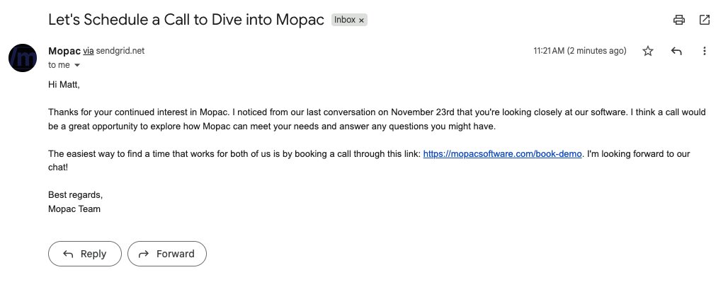 Your GTM should help you work, not leave you swamped.

Today I watched Mopac generate an entire personalized follow-up email for a lead…
…based only on their last message + the context from prior conversations.

No templates.
No copy/paste.
No “let me get back to you.”

Just: