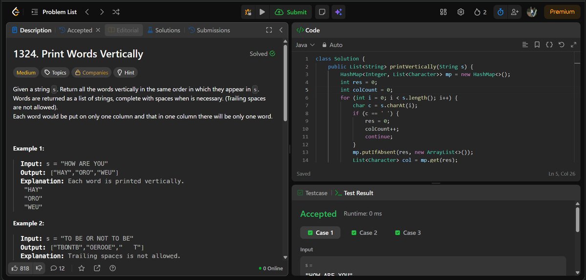 dinu_x012's tweet image. &amp;gt;Day 26/100 of solving LeetCode
&amp;gt;solved this Strings quesiton -Medium
#leetcode #POTD #dsa #codingjourney #algorithm #java #problemsolving