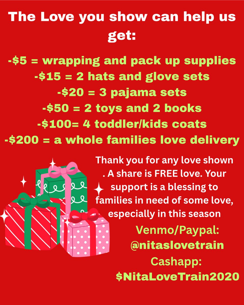 Help us refuel the Love Train ❤️🚂 We’re supporting 15 families who deserve warmth and joy this season. Every donation helps us give coats, toys, pajamas &amp; essentials. If 60 lovelies send $50, we can make it happen ✨
Venmo/PayPal: @nitaslovetrain
Cashapp: $NitaLoveTrain2020
