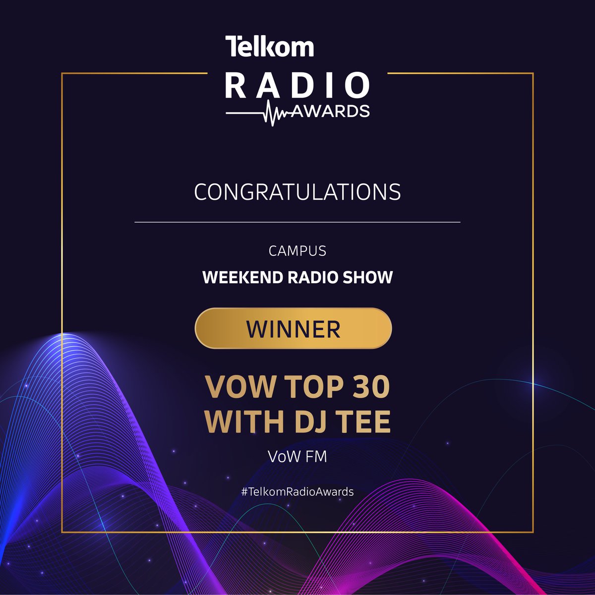 SARadioAwards's tweet photo. 🎶 Weekend Radio Show – CAMPUS
🏆 WINNER: VoW FM – VOW Top 30 with DJ Tee!
A genre-defining countdown anchored by passion &amp; energy! 🎉🔥
#TelkomSARadioAwards https://t.co/Ke25VG7zFd