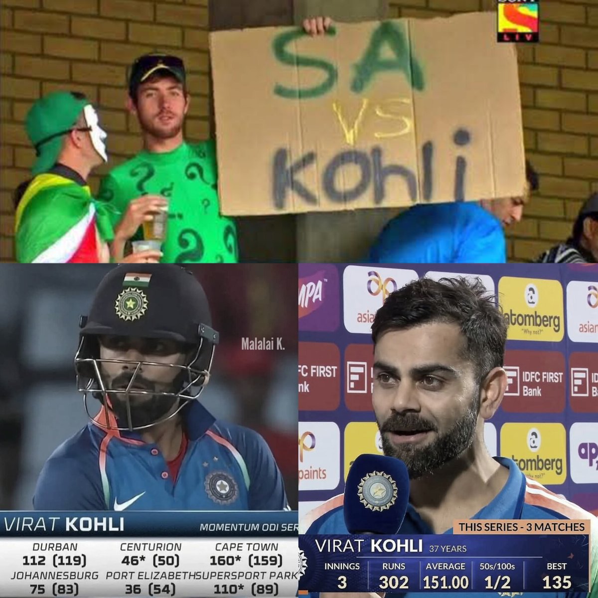 Kohli and SA is an underrated love story. 
Averages 72 in ODIs and 54 in tests vs SA. First test 100 at #4 came in SA, Highest test score came against SA. ATG test and ODI tours of SA in 2018, 2 of his best test innings post covid came in SA too. 49th ODI 100 was vs SA.
POTM in