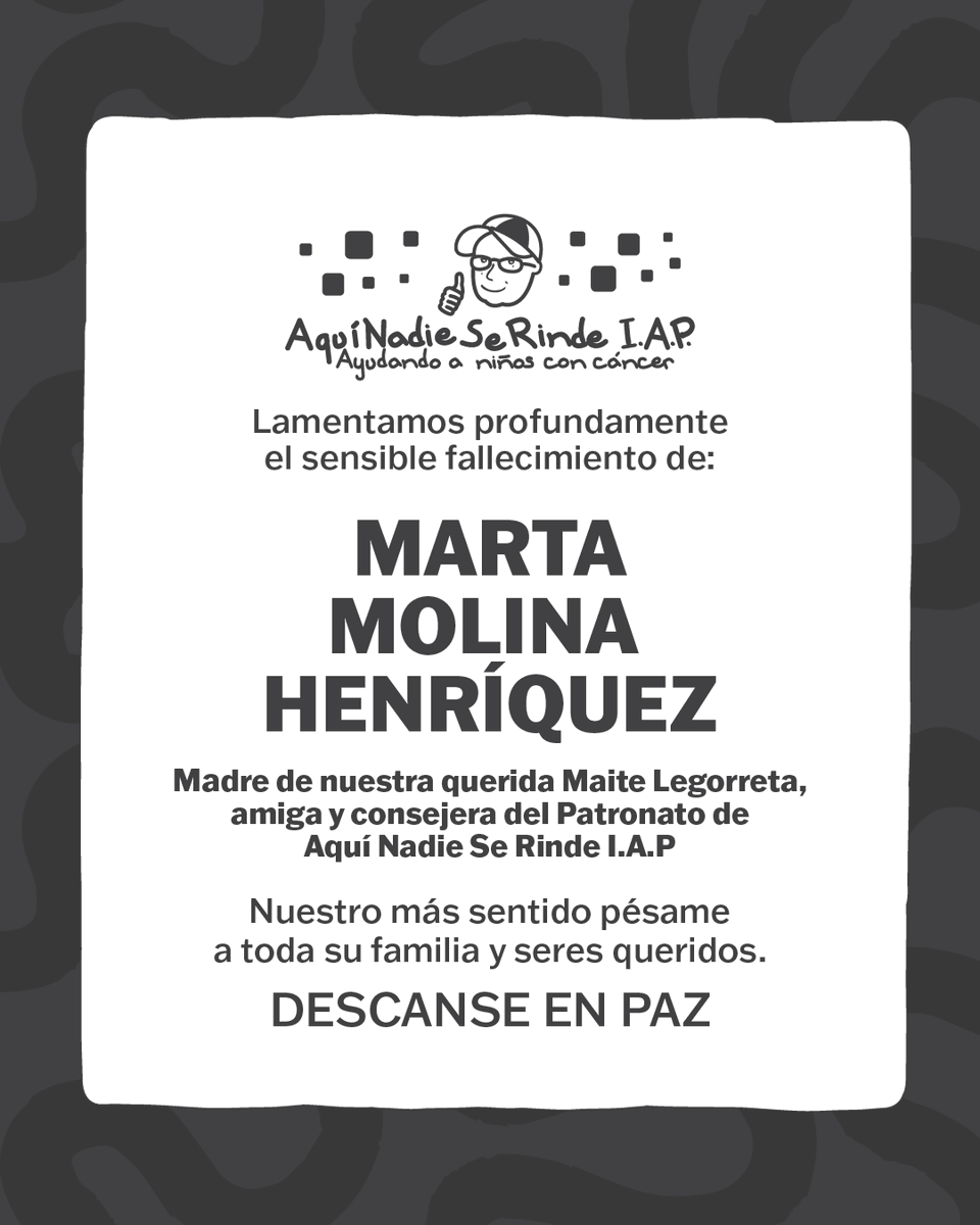 ANSeRiap's tweet photo. Todos en @ANSeRiap lamentamos el sensible fallecimiento de la señora Marta Molina Henríquez, madre de nuestra consejera y amiga, Maite Legorreta. Le enviamos a su familia y amigos un fuerte abrazo en este difícil momento. Esperamos de corazón que encuentren consuelo y paz. https://t.co/2l3yrFmIfQ