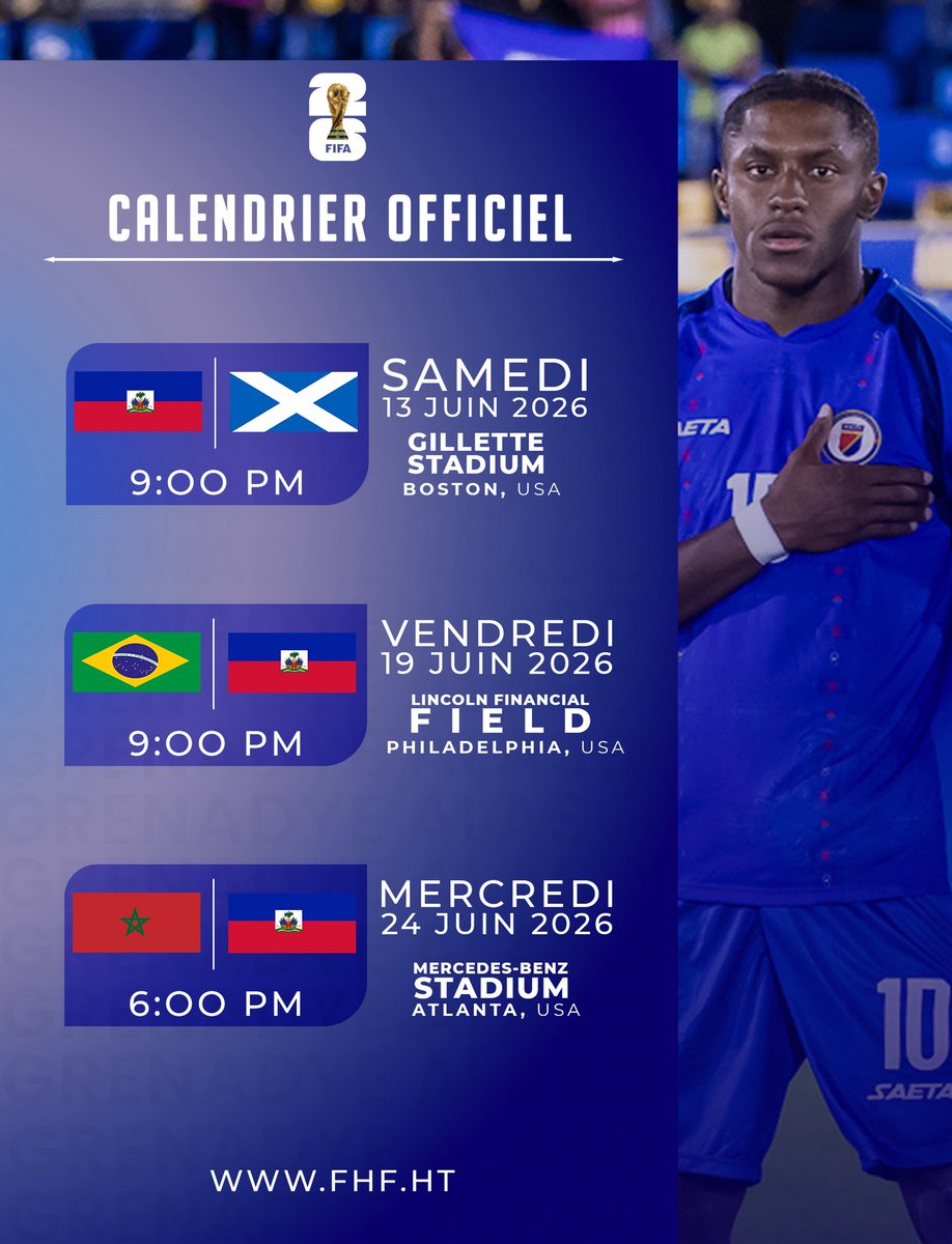 Apre seremoni tiraj osò a ki fèt yè vandredi 5 desanm nan ki te devwale 3 lòt ekip k ap pataje poul ak Grenadye yo. Kalandriye ofisyèl sòti jodia, ki bay vil, stad ak lè match yo ap gen pou dewoule yo !

Nou Nan Batay !

#NouNanBatay #GrenadyeAlaso #Mondyal2026 #NouNanMondyal2026