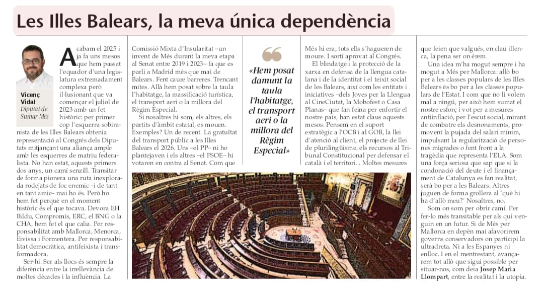 Les Illes Balears són la única dependència de <a href="/MESperMallorca/">MÉS per Mallorca</a>
i <a href="/MesperMenorca/">Més per Menorca</a> a Madrid. Aquesta setmana n'he parlat a <a href="/UHmallorca/">Ultima Hora Mallorca</a>

Transitam un camí inexplorat navegant, com deia Josep Maria Llompart, entre la realitat i la utopia.

ultimahora.es/opinion/tribun…