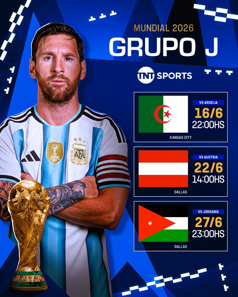 CONFIRMADO LOS DÍAS, HORARIOS Y LAS SEDES PARA LA FASE DE GRUPOS DE ARGENTINA EN EL MUNDIAL 2026 🇦🇷⚽

Argentina 🇦🇷 vs Argelia 🇩🇿 el martes 16/6 a las 22 (hora argentina) en Kansas

Argentina 🇦🇷 vs Austria 🇦🇹 el lunes 22/6 a las 14 (hora argentina) en Dallas

Argentina 🇦🇷 vs