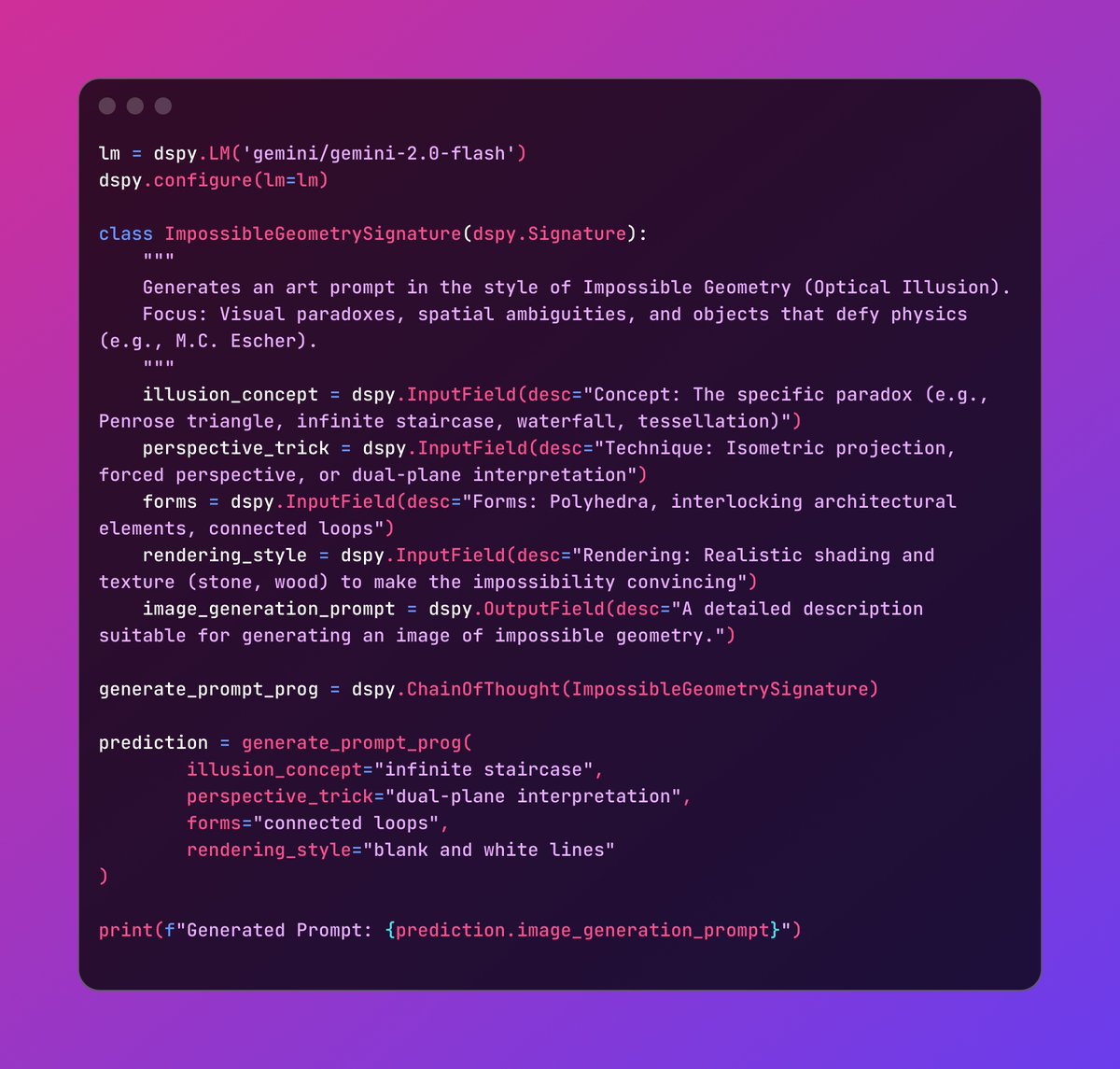 getpy's tweet image. Optical illusion ... asked by my son to generate it. Signature and arguments for this image copy pasted as reference. #DSPy #NanoBananaPro