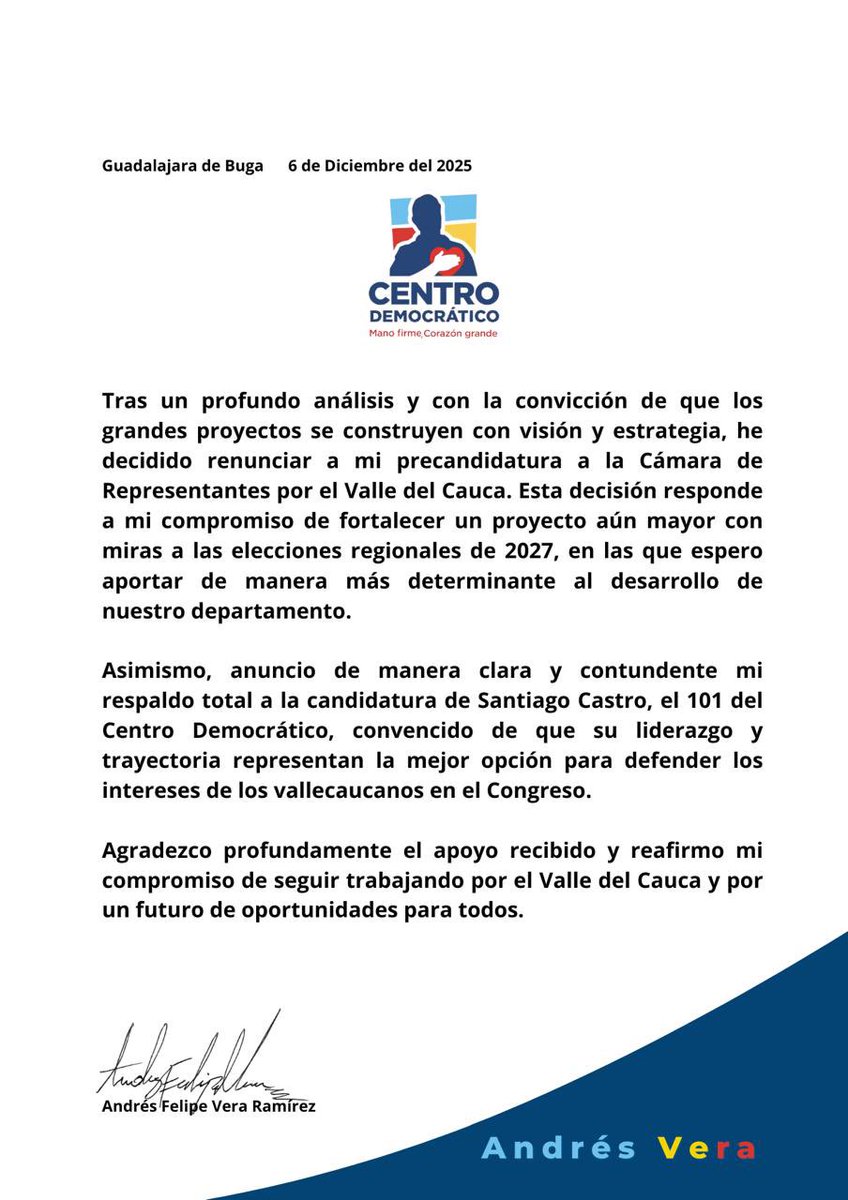 Un gesto de grandeza política.
La decisión de  Andrés Felipe Vera —joven líder bugueño, ex candidato al Concejo, precandidato a la Cámara, una de las voces más firmes en la defensa ciudadana y líder de la revocatoria de la Alcaldesa de Buga — se enmarca en un momento clave para
