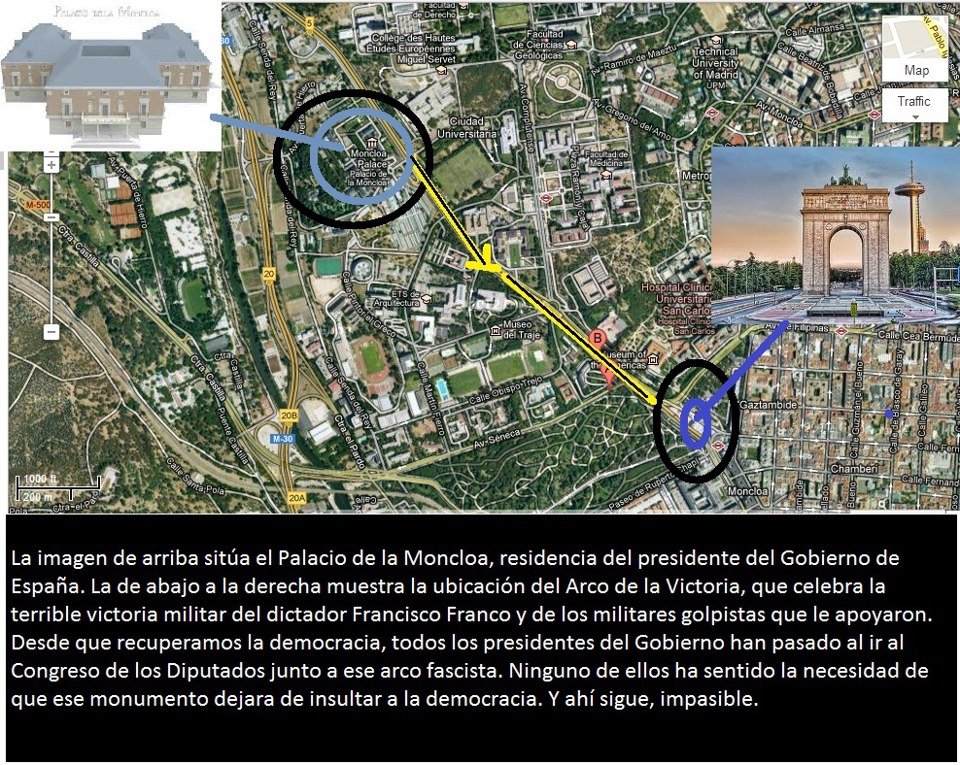 Hace 17 años que es ilegal el arco de la victoria de Franco, Hitler y Mussolini. Esta a cientos de metros del Palacio de la Moncloa. ¿Qué pasaría si un monumento celebrase la victoria de un atentado terrorista? Pues eso, doble rasero. 
<a href="/SE_MemoDemo/">Secretaría de Estado de Memoria Democrática</a> <a href="/sanchezcastejon/">Pedro Sánchez</a>
