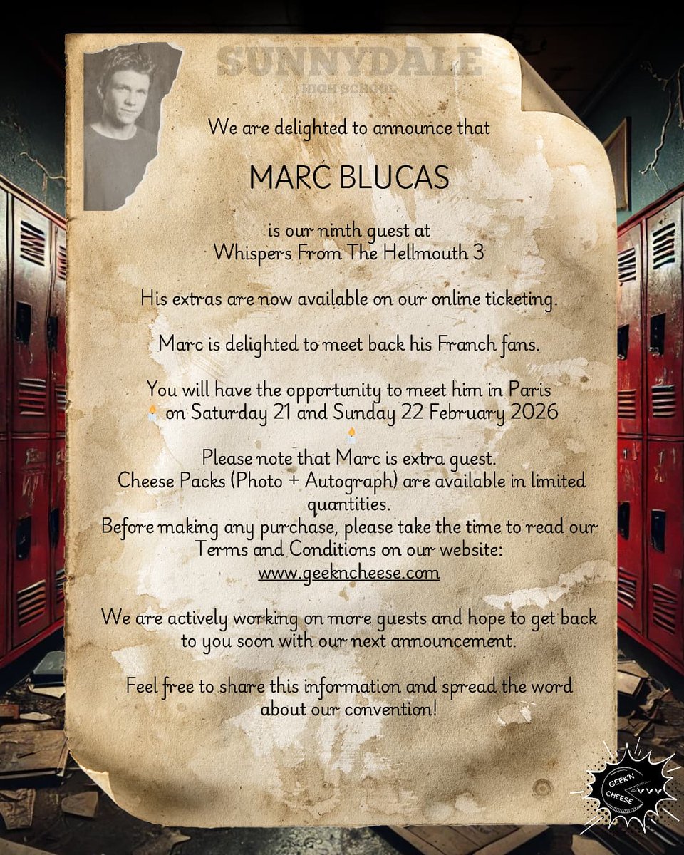 Marc is Back !

🔥Marc BLUCAS🔥 est notre 9ème invité de la #WFTH3 les 21 et 22 Février 2026

🔥Marc BLUCAS🔥 is our 9th guest for #WFTH3 - Feb. 21&amp;22, 2026

🎟 : billetweb.fr/whispers-from-…

#marcblucas #rileyfinn #buffy #btvs #geekncheese #convention