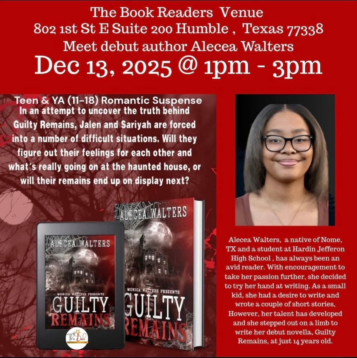 monlwalters's tweet image. A week from today, my baby, Alecea Walters, will be at The Book Readers Venue, signing and celebrating her debut book, Guilty Remains! Even if it isn’t your type of book, surely, you know a teenager who would love it. It’s gift-giving time!

Come celebrate her with us! ♥️♥️