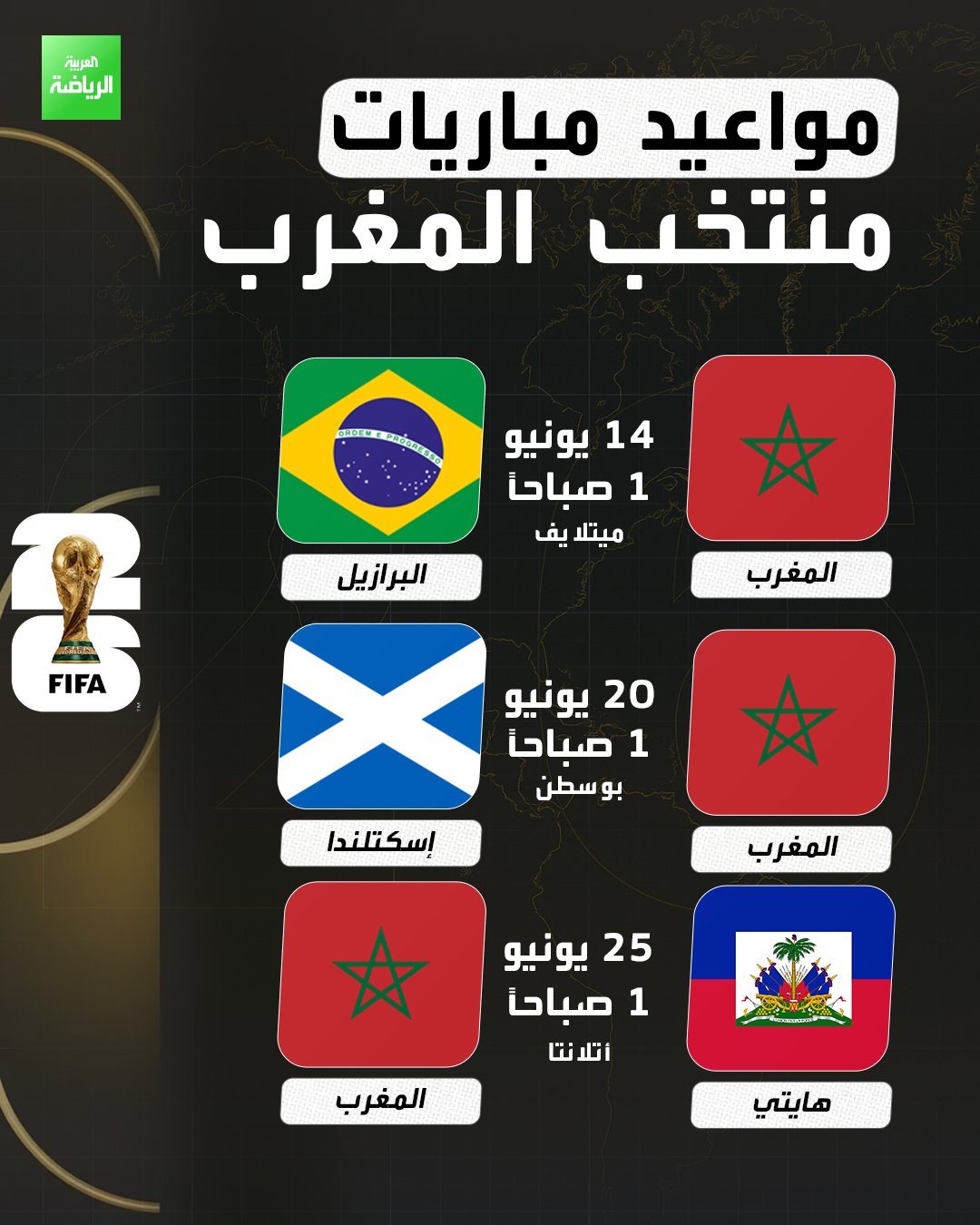 أول صدام أمام البرازيل.. مواعيد مباريات المنتخب المغربي في كأس العالم 2026 