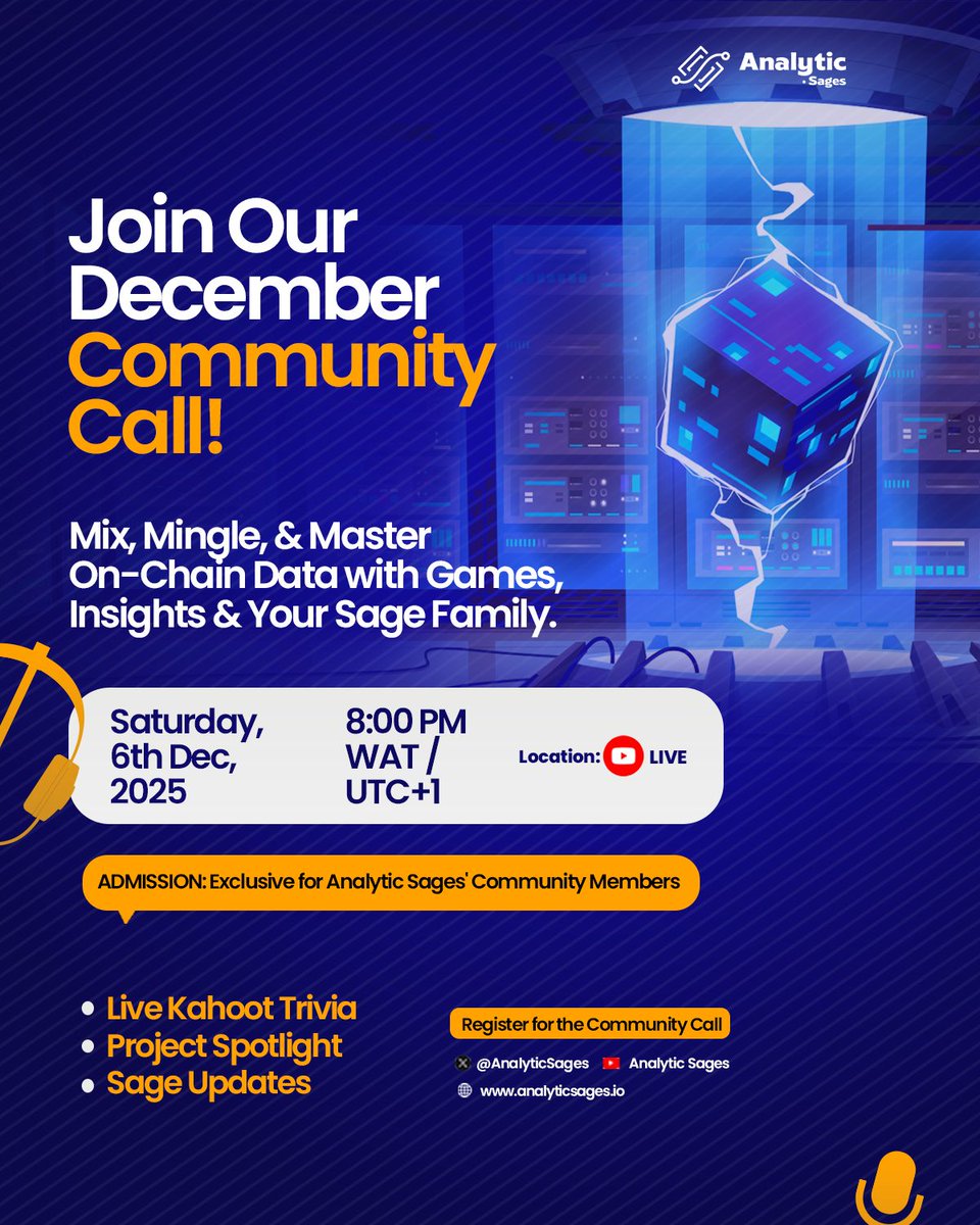 LIVE IN  58 MINS: The Analytic Sages Community Call!

The wait is over! Join us LIVE ON YOUTUBE in one hour for:
🎮 Live Web3 Quiz
🚀 Community Project Spotlight
📢 Important Sage Updates &amp; 2025 Previews

👉 Register here if you haven't to gain access: luma.com/inavfhms