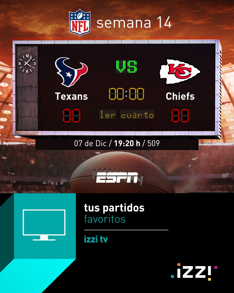 izzi_mx's tweet photo. Puntos cruciales y duelos claves cercanos al playoff de la #NFL. π₯π€π En #izzi tv+ sigue a @texans y @chiefs, enfrentarse en la semana 14. β
#NoMeLoPierdoEnizzi #Deportes #NFLSundayNight https://t.co/43wiXG1XUB