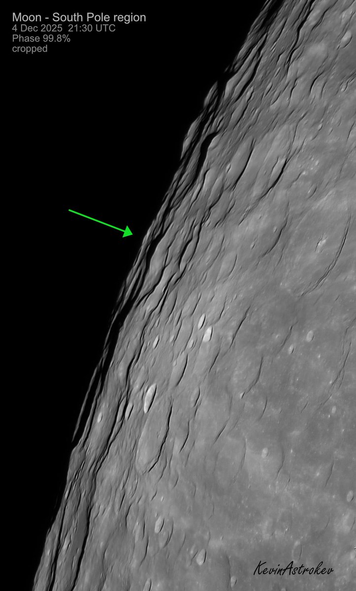 Full Moon a few nights ago. A favourable libration and good seeing allowed some great views of the region around the South Pole (roughly indicated by the arrow)

Imaged with an 11" SCT at prime focus
