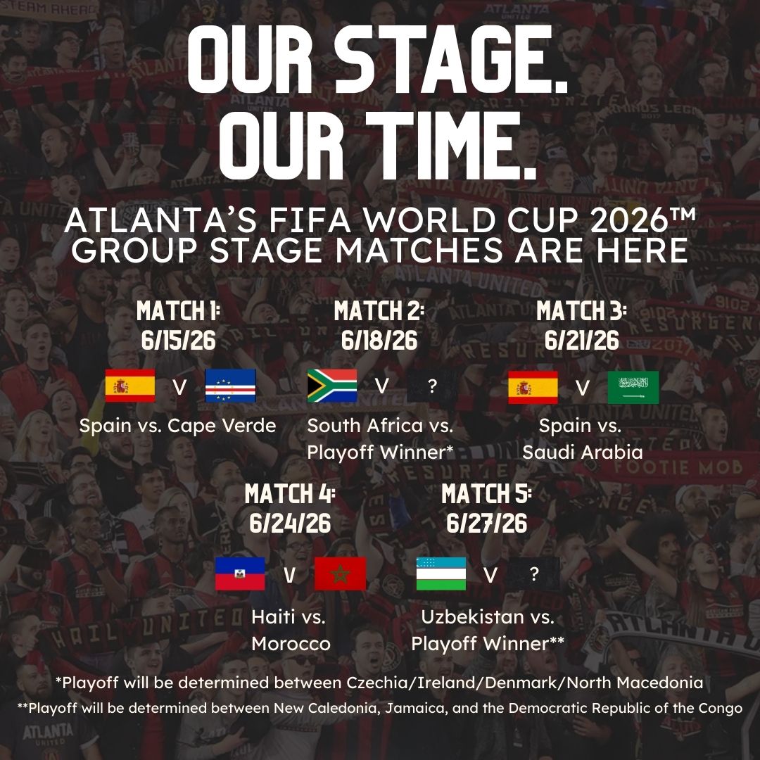 Our stage. Our time. ⚽ 

Our group stage matchups for FIFA World Cup 2026™ have been released, and we’re proud to welcome Spain, Cape Verde, South Africa, Saudi Arabia, Haiti, Morocco, Uzbekistan, and our two playoff winners to metro Atlanta.  

From global powerhouses to