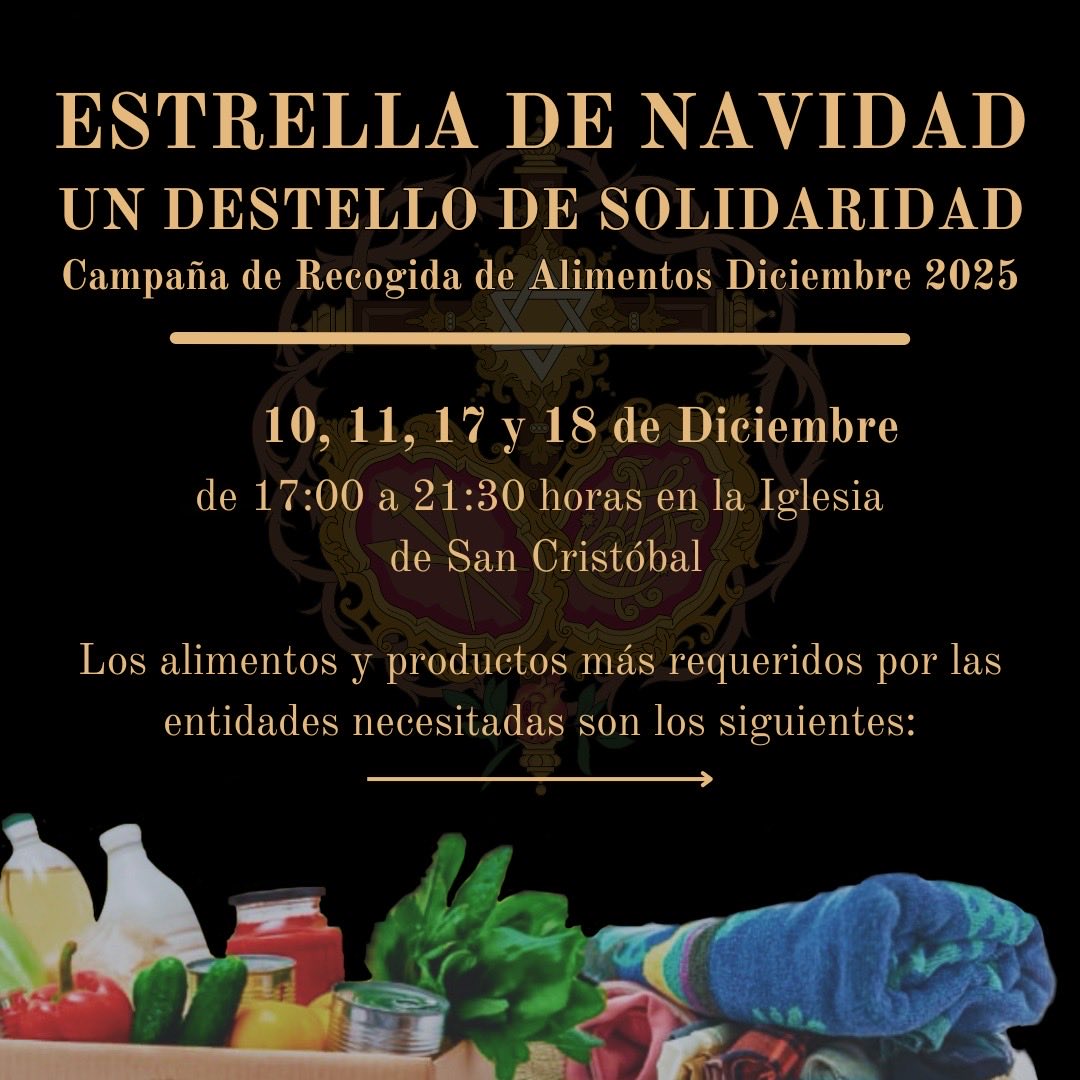 Pasionyestrella's tweet photo. CARIDAD | Nuestra vocalía de Caridad va a llevar a cabo una campaña solidaria de recogida de alimentos y artículos de limpieza, aseo e higiene personal, los próximos días 10, 11, 17 y 18 de noviembre de 17:00 a 21:30 horas en la iglesia de San Cristóbal. https://t.co/c3rZClW3PJ