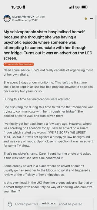 uncledoomer's tweet image. woman sent to psych ward because her smart fridge displayed an ad that made her think she was schizo