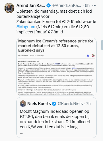 leonhillen's tweet photo. Maandag wordt het aandeel Magnum (van de ijsjes) afgesplitst van Unilever.
Per 5 Unilever 1 aandeel Magnum met referentieprijs €12,80. Ofwel Unilever zal theoretisch €2,56 lager openen rond €48,60.

Is Magnum een koopkans (volgens beursexperts) of juist vatbaar voor verkoopdruk (zie blauw gearceerd deel in 2e screenshot)?