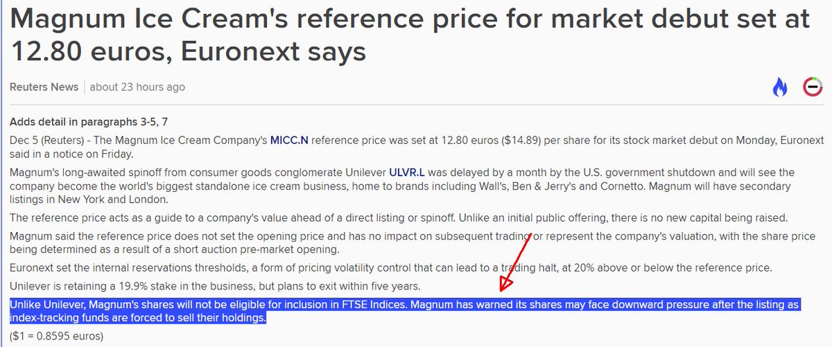 leonhillen's tweet photo. Maandag wordt het aandeel Magnum (van de ijsjes) afgesplitst van Unilever.
Per 5 Unilever 1 aandeel Magnum met referentieprijs €12,80. Ofwel Unilever zal theoretisch €2,56 lager openen rond €48,60.

Is Magnum een koopkans (volgens beursexperts) of juist vatbaar voor verkoopdruk (zie blauw gearceerd deel in 2e screenshot)?