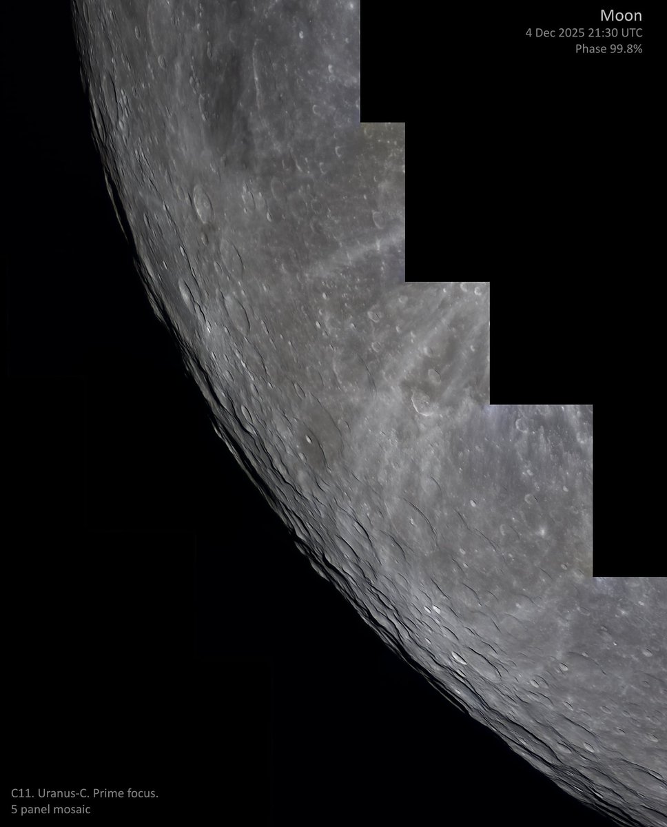 5 image wide-field mosaic of the south-west lunar limb, imaged with the Moon 99.8% illuminated.

Celestron C11 with Player One Uranus-C camera
