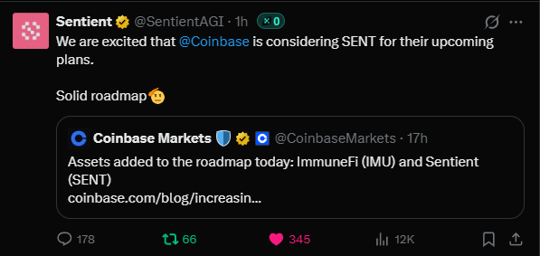 Gsenti <a href="/SentientAGI/">Sentient</a> CT 🩷!!

We are So close to $SENT TGE  

Also  keep posting about Sentient until TGE X contribution Will count and Increase in allocation 

Coinbase Posted The CA of $SENT And Added Roadmap of listing ,Can we get To See presale of $SENT on <a href="/coinbase/">Coinbase 🛡️</a> 👀 

TGE