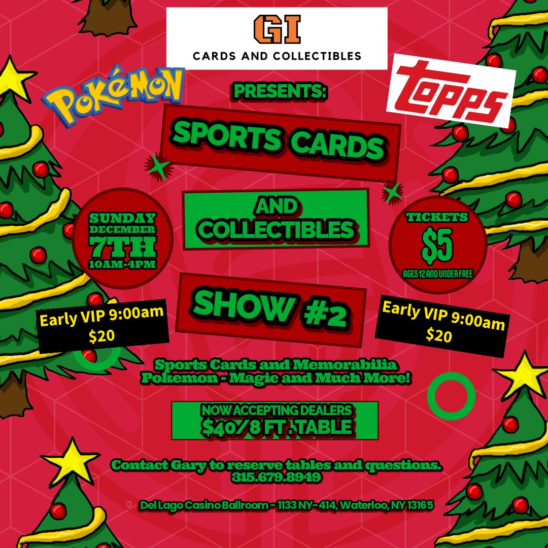 🚨🚨🚨🚨TOMORROW🚨🚨🚨🚨

Join us tomorrow (Sunday Dec. 7th) for our 2nd show at del Lago Resort and Casino!

This show is ALL AGES (Kids 12 any under FREE)

Show is located in the Hotel portion of del Lago (Right side of the casino)

Sports Cards, Pokemon, Memorabilia and much