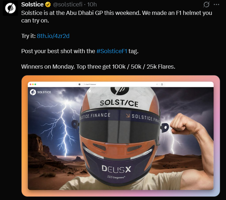 johnjassper's tweet photo. get a chance to win up to 100k flares by generating a pic with your f1 helmet, post and add #solsticeF1 hashtag.

@solsticefi also teamed up with trace and Deus X Motorsport on rare collectibles that for F1.

its free, just signup or login with email. links in comments. https://t.co/Br2Bek8y2d