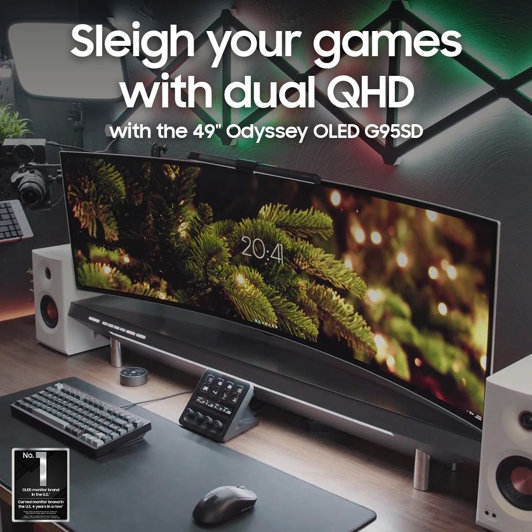 SamsungUS's tweet image. Gameplay this smooth will have you on your opponents' naughty list. 

Experience OLED visuals and a 240Hz Refresh Rate on an epically wide screen when you upgrade to the Odyssey G95SD. Will you spread holiday cheer or hand out L’s? bit.ly/4oy860U