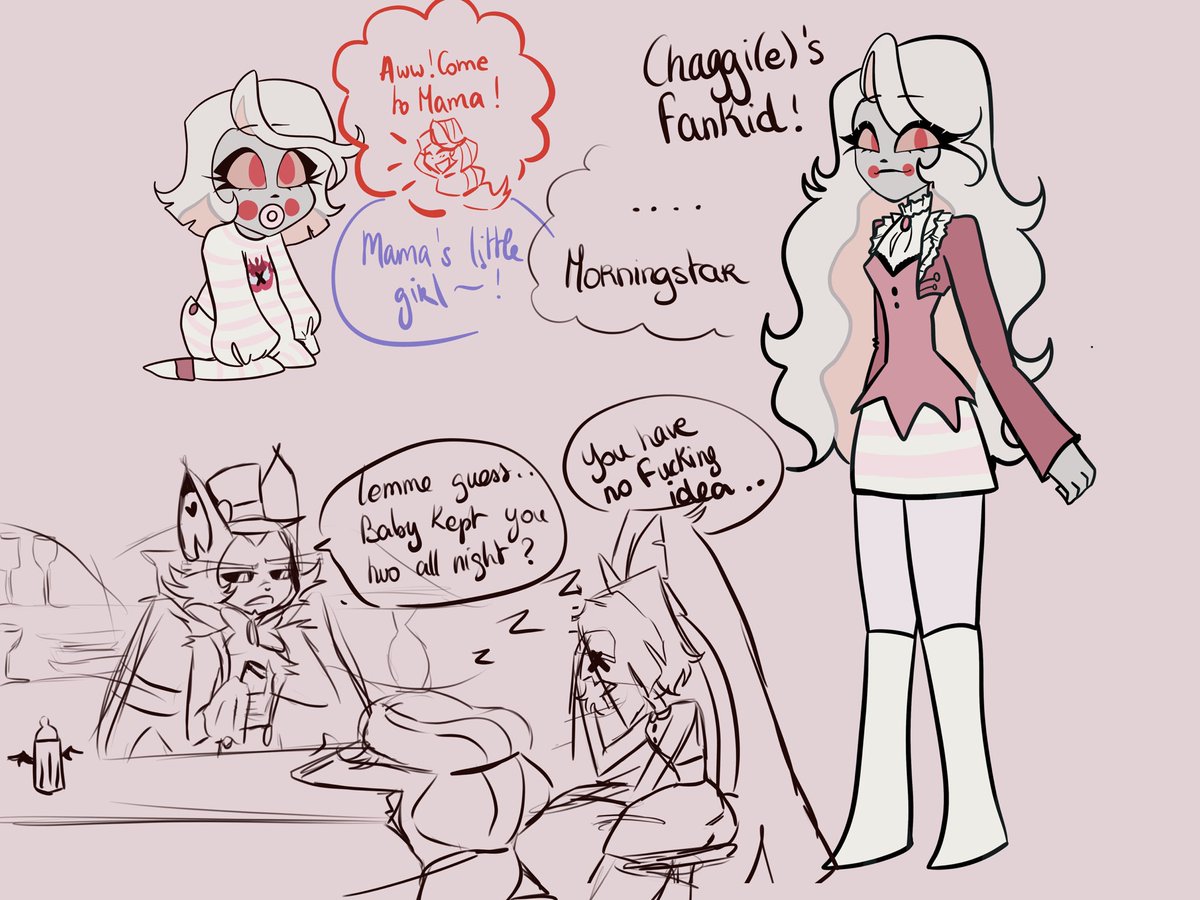 Chaggi’s fankid !! I still need a name though.. 
Do you want more of this little family ?? 🪽❤️
#hazbinhotel #chaggie #chaggi #CharlieMorningstar #Vaggie #Vaggi